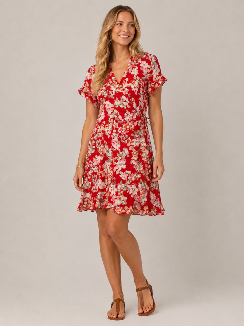 J.Jill Red Floral Faux Wrap Dress Ruffle Hem Petite SP Cottagecore